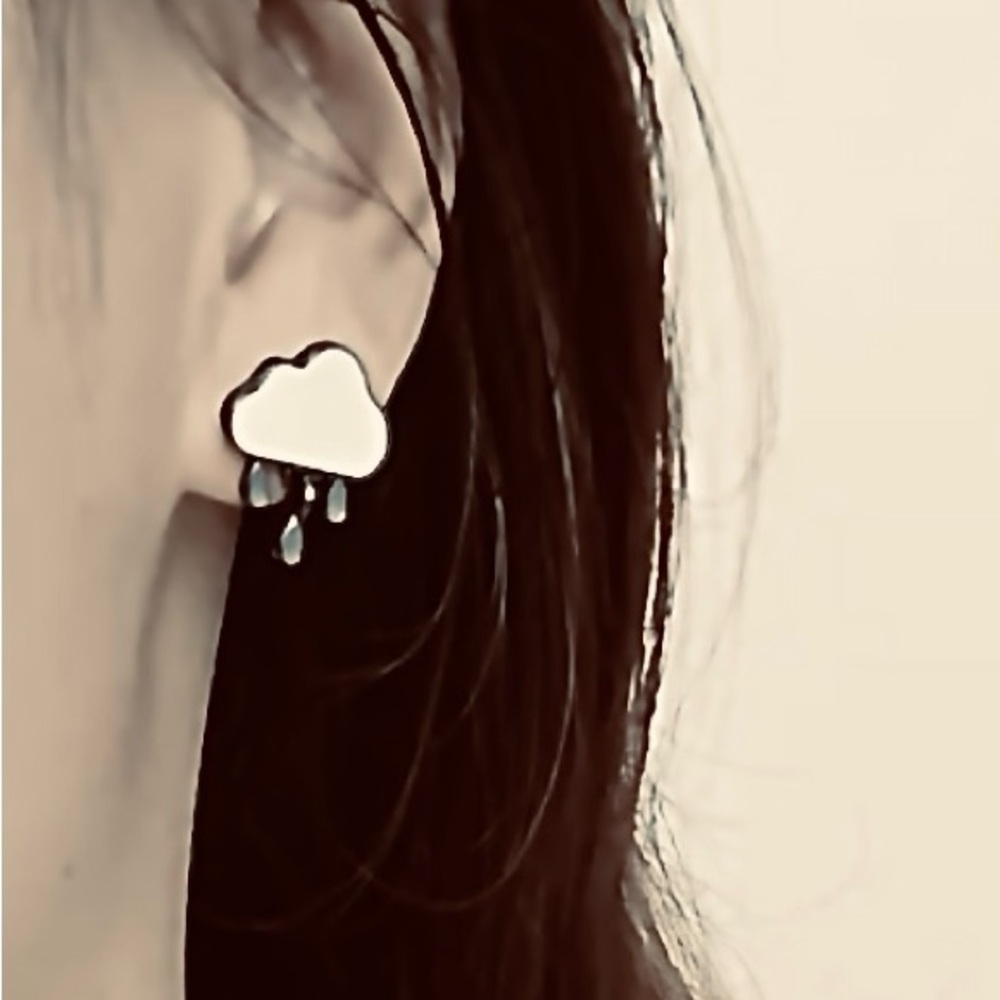 Stormy Skies- Rain Drop Cloud Blue White Enamel Dainty Mini Dangle Gunmetal Stud - Picture 9 of 14